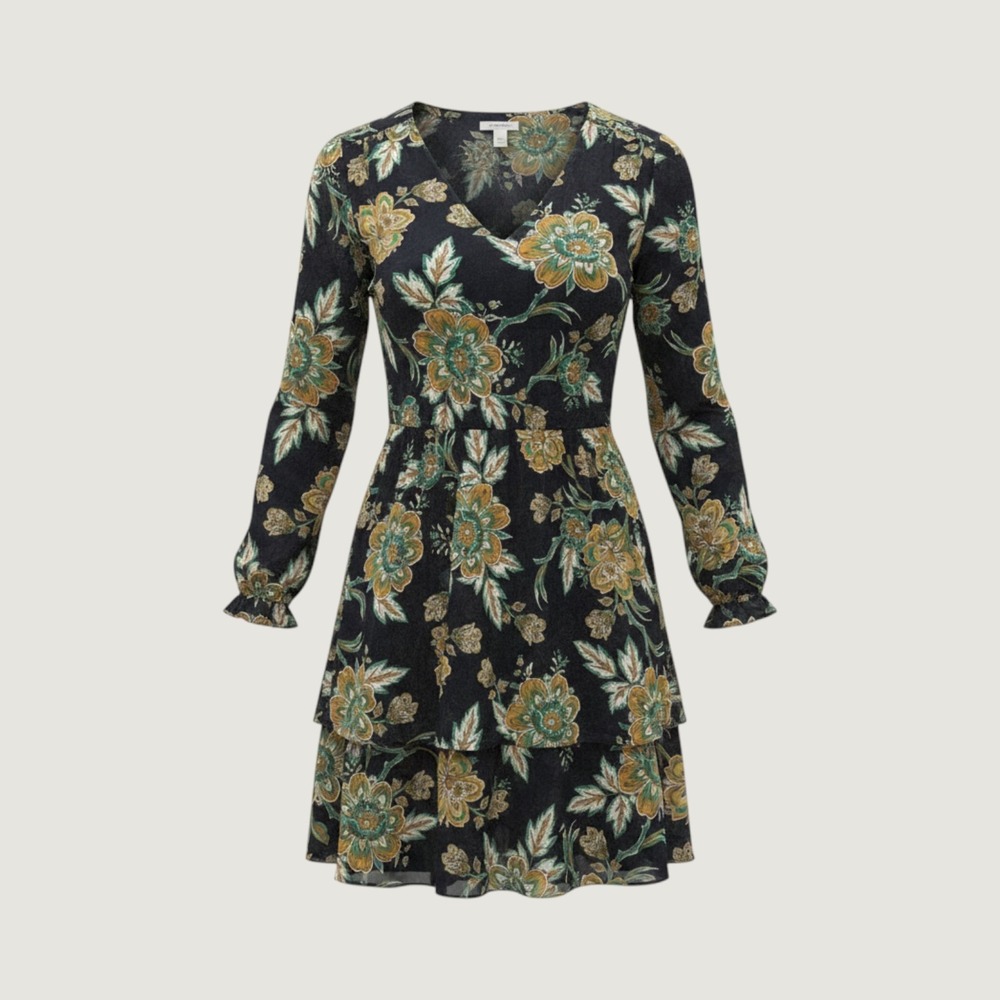 J.Crew Navy Floral Tiered Mini Dress V-Neck Long Sleeve BM075‎ Womens 14 NWT
